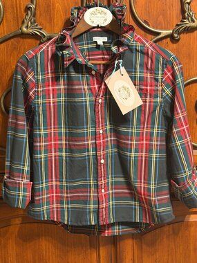 Upcycled  Crewcuts Ruffle neck button down blouse  / Women's S / Tartan plaid